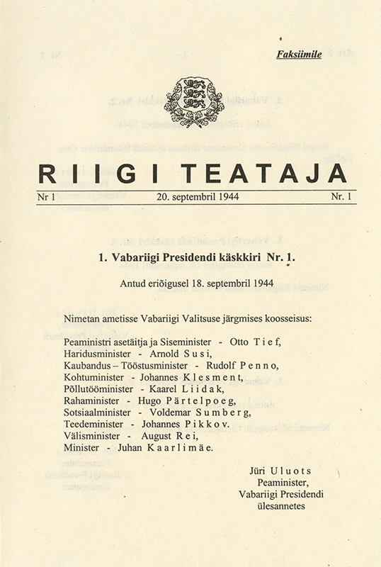 Riigi Teataja (State Gazette) No. 1, 1944